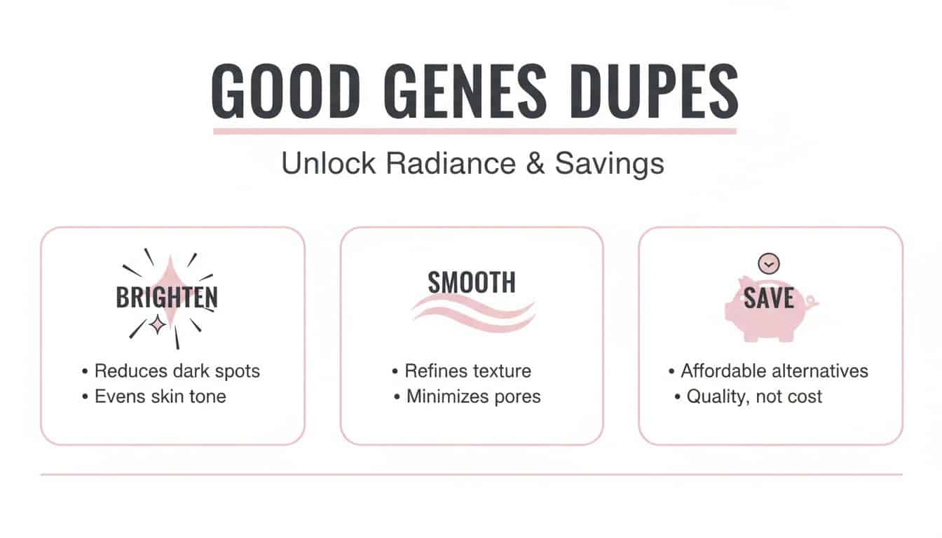 Infographic highlighting the benefits of 'Good Genes Dupes' for brightening, smoothing skin, and saving money.