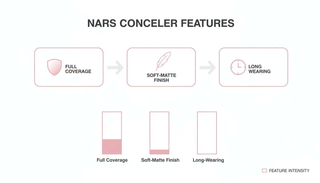 Infographic displaying NARS concealer features: full coverage, soft-matte finish, and long-wearing, with intensity levels.