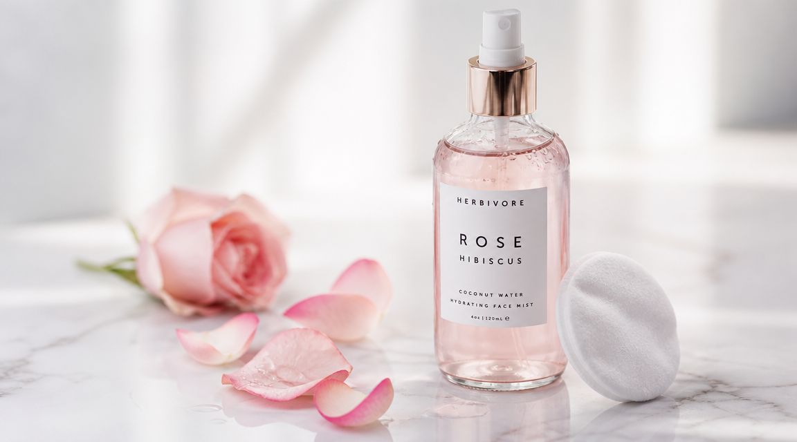 A glass bottle of Herbivore Rose Hibiscus face mist surrounded by rose petals and a cotton pad.