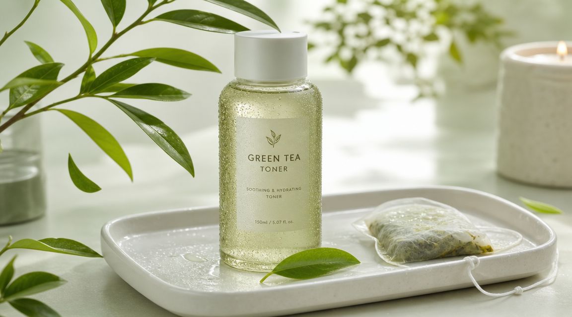 A glass bottle of green tea toner resting on a white tray next to tea leaves.
