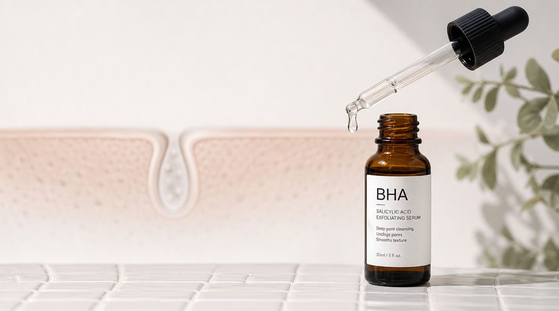 A glass bottle of BHA salicylic acid exfoliating serum with a dropper against a skin pore background.
