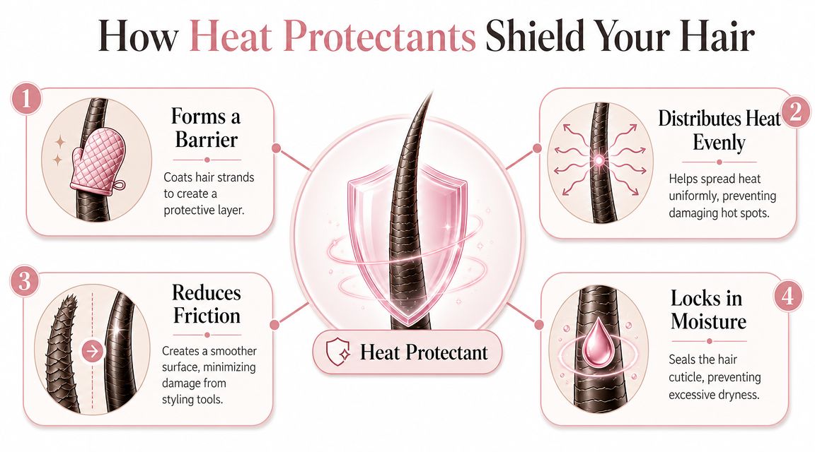 An infographic showing four key ways heat protectant spray shields hair from damage during styling.