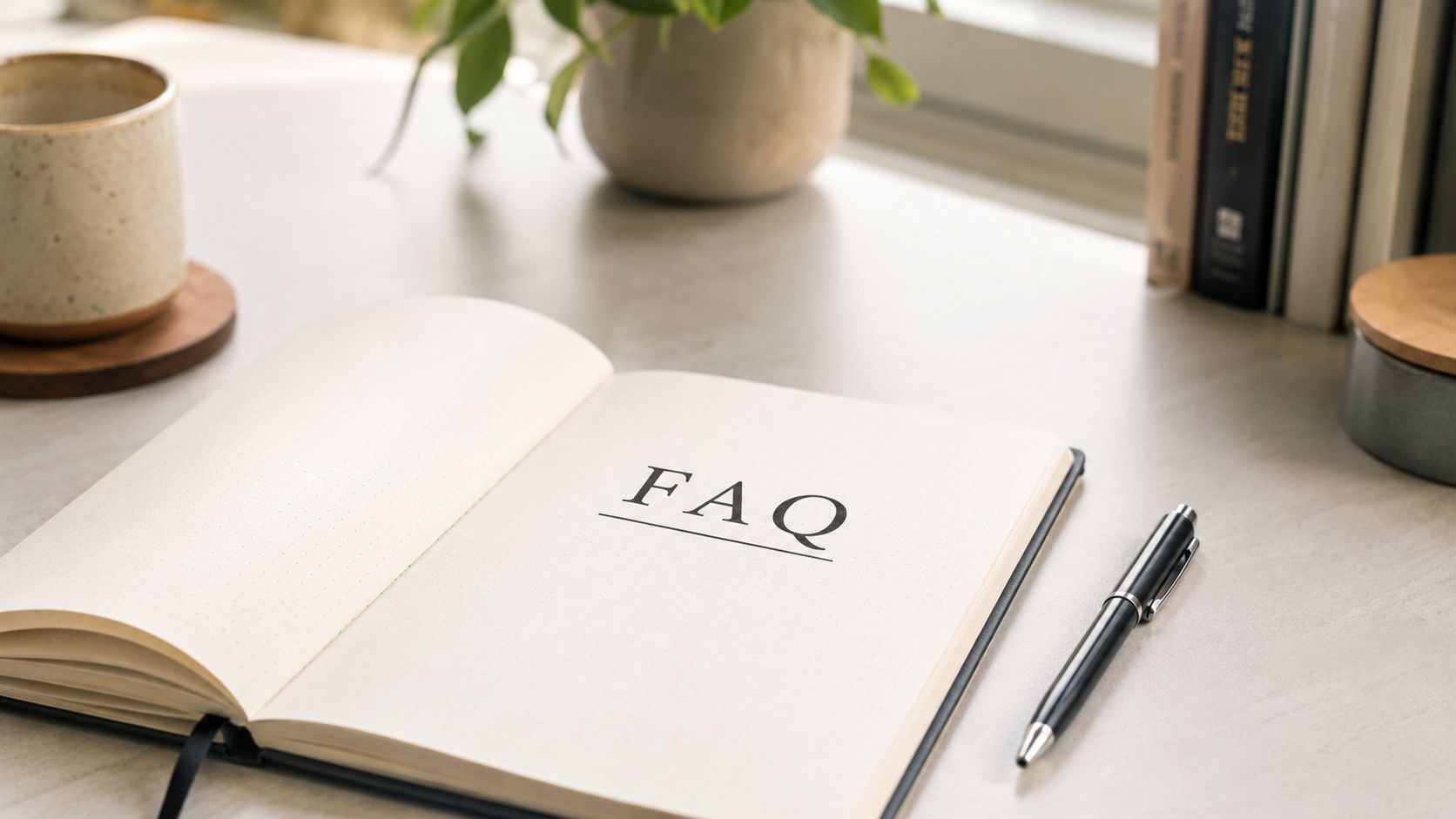 An open notebook with FAQ written on the page, sitting on a desk with a pen and books.