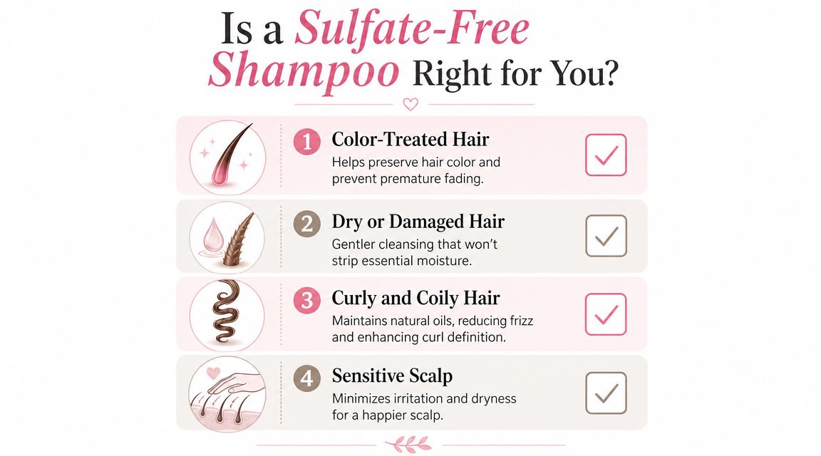 An infographic titled Is a Sulfate-Free Shampoo Right for You listing four hair types and benefits.