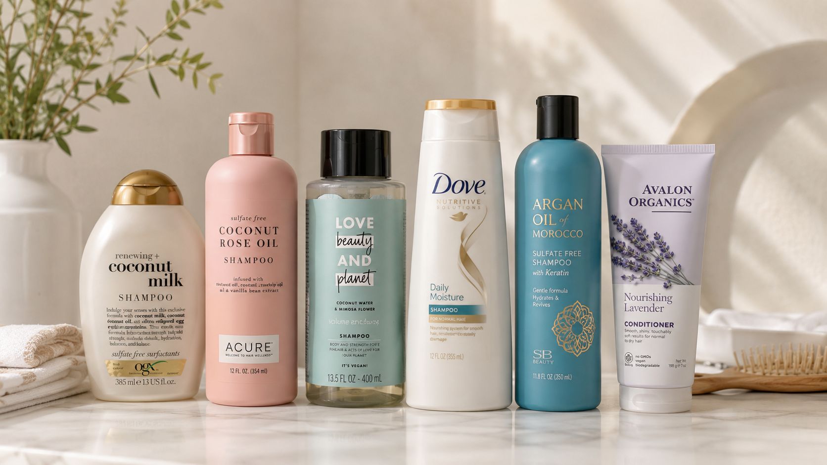 A row of various sulfate-free shampoo and conditioner bottles arranged on a marble surface.