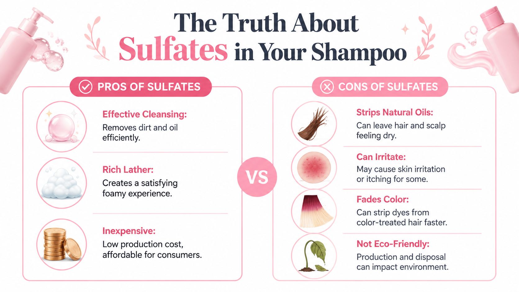 An infographic comparing the pros and cons of using sulfate-based shampoos for hair care.