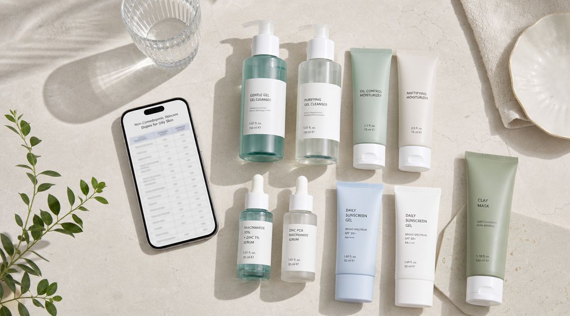 A flat lay of non-comedogenic skincare products for oily skin alongside a phone displaying a comparison chart.