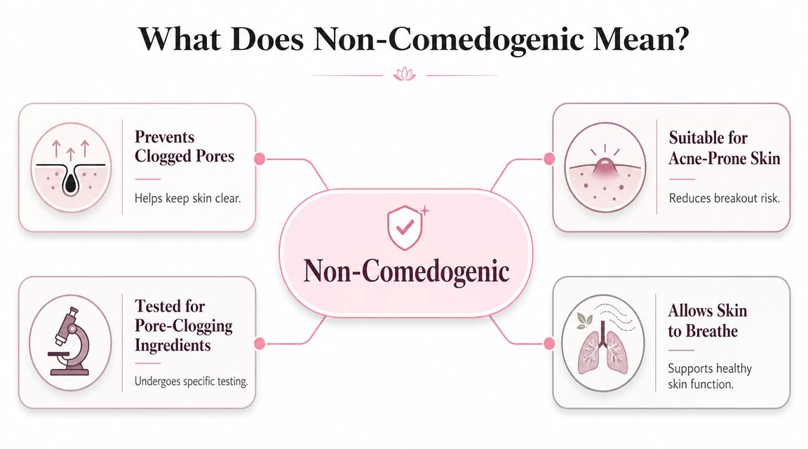 An infographic explaining the meaning of non-comedogenic skincare products, highlighting benefits like clear pores and breathable skin.