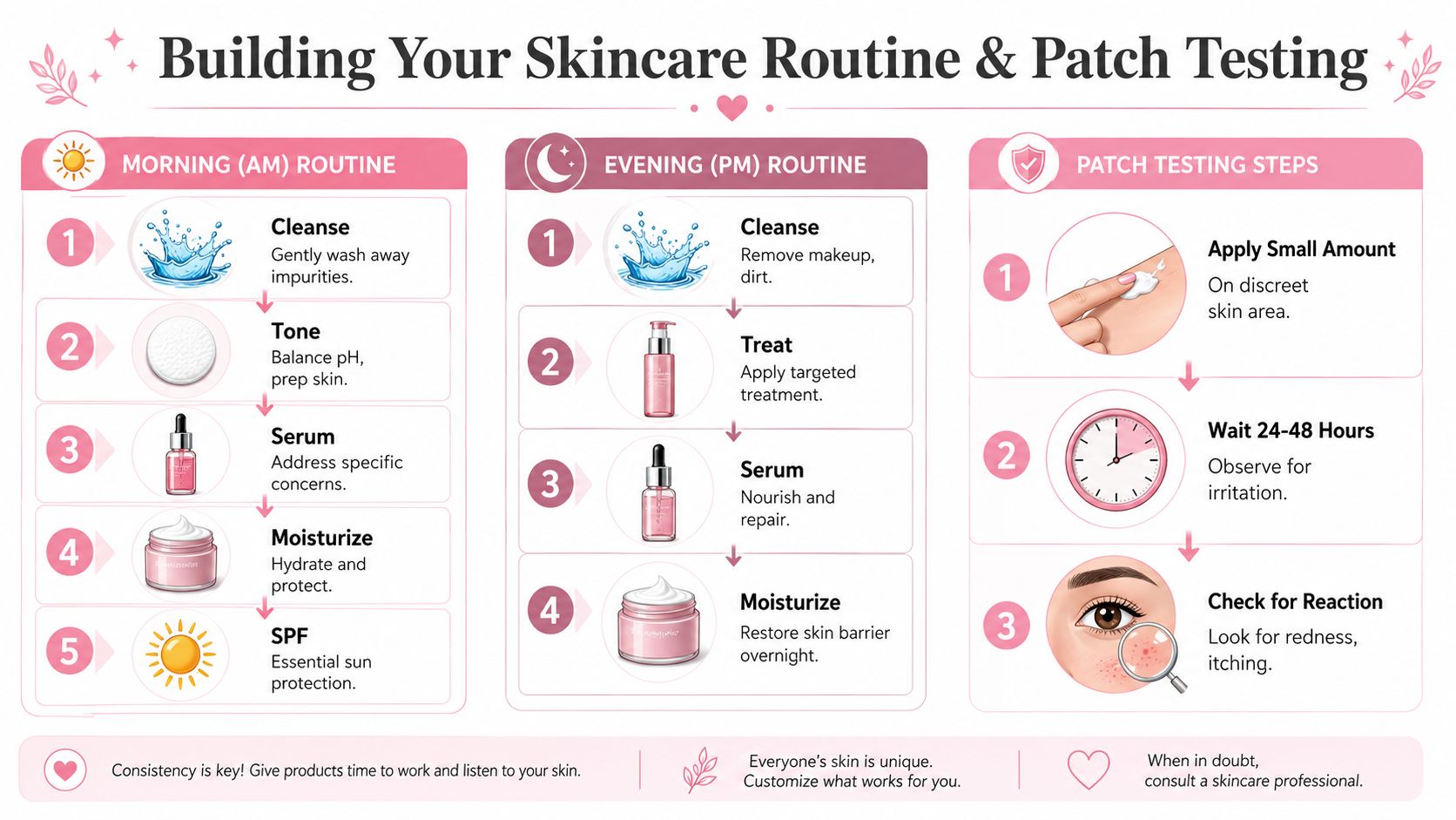 A detailed infographic guide outlining the daily steps for morning and evening skincare routines and patch testing procedures.