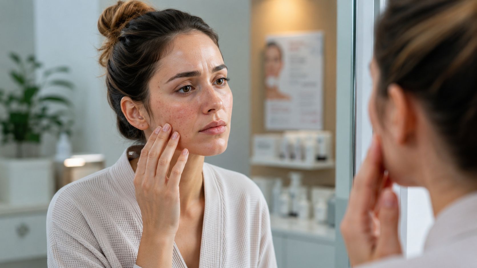 A woman looks at her reflection in a mirror, touching her skin which shows signs of acne.