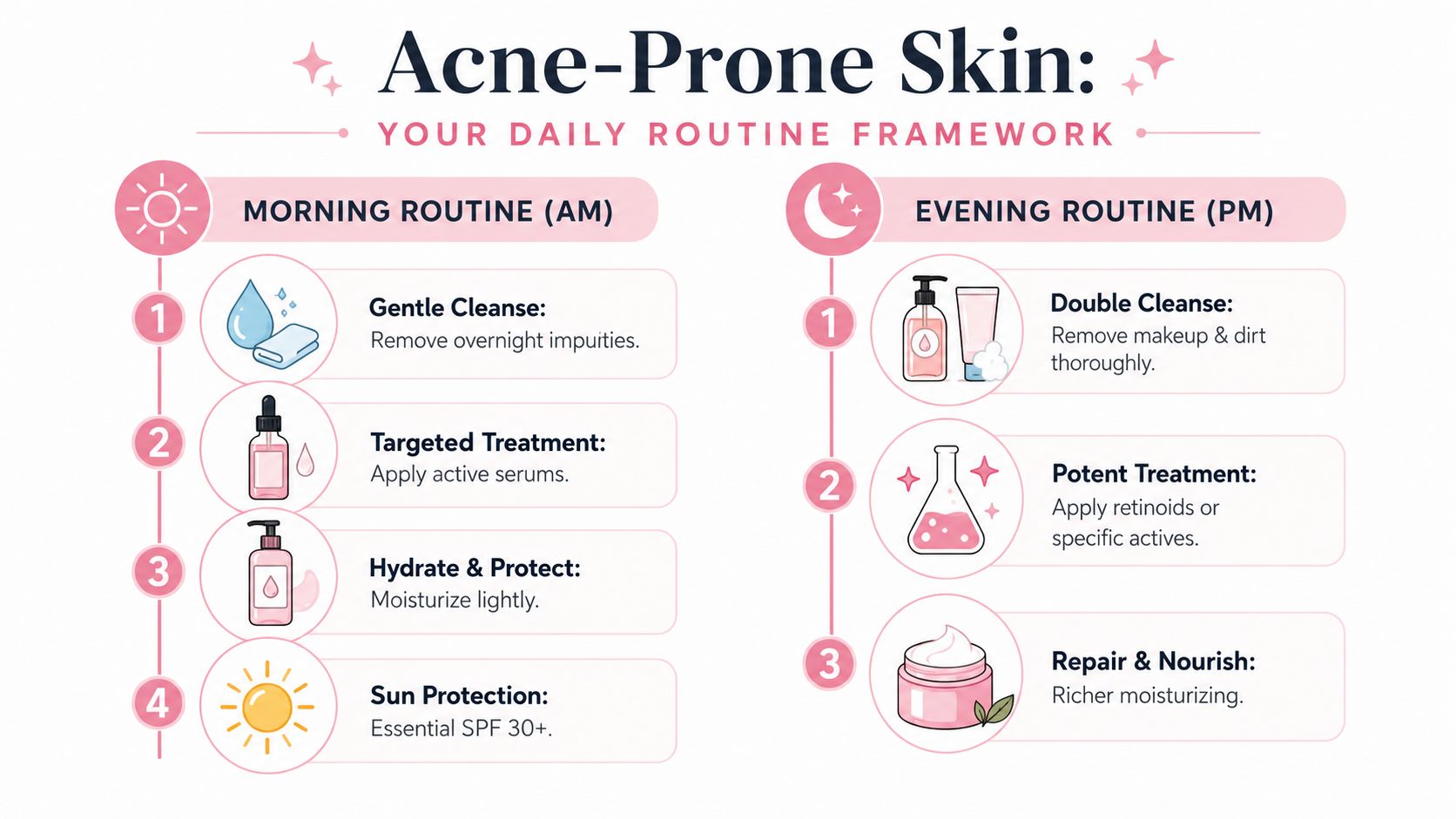 An infographic showing a daily skincare routine for acne-prone skin with morning and evening steps.