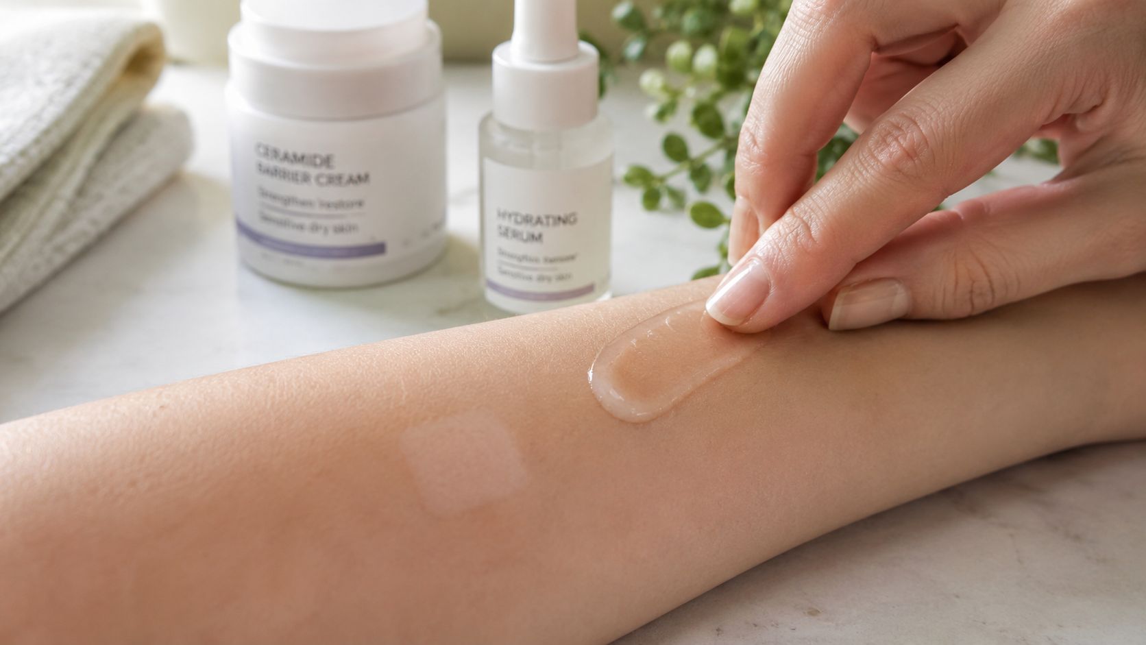 A person testing hydrating serum and ceramide barrier cream on their forearm for a skincare routine.