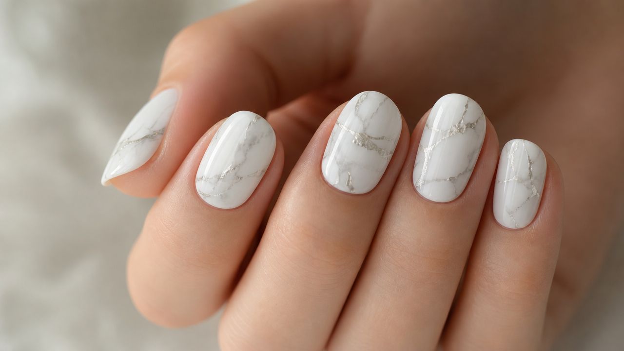 A close-up of fingers showing elegant white marble nail art with delicate silver veins on oval nails.