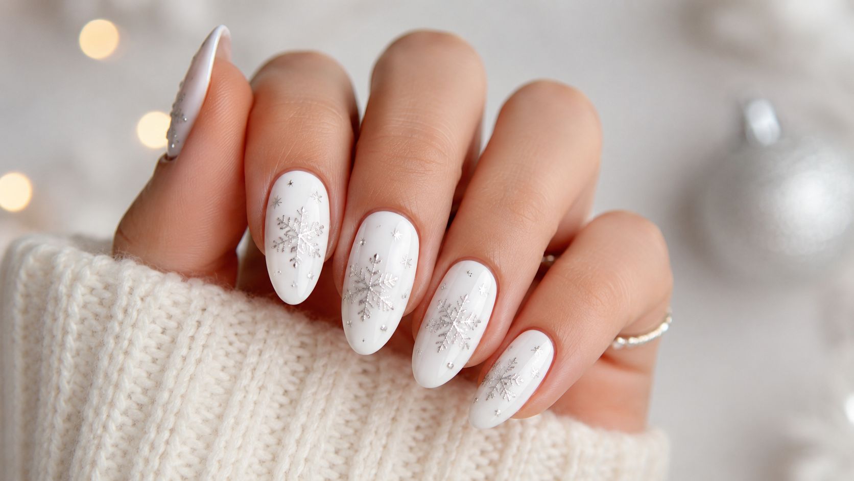 A close-up shot of elegant white almond-shaped nails featuring delicate silver snowflake designs for winter holidays.