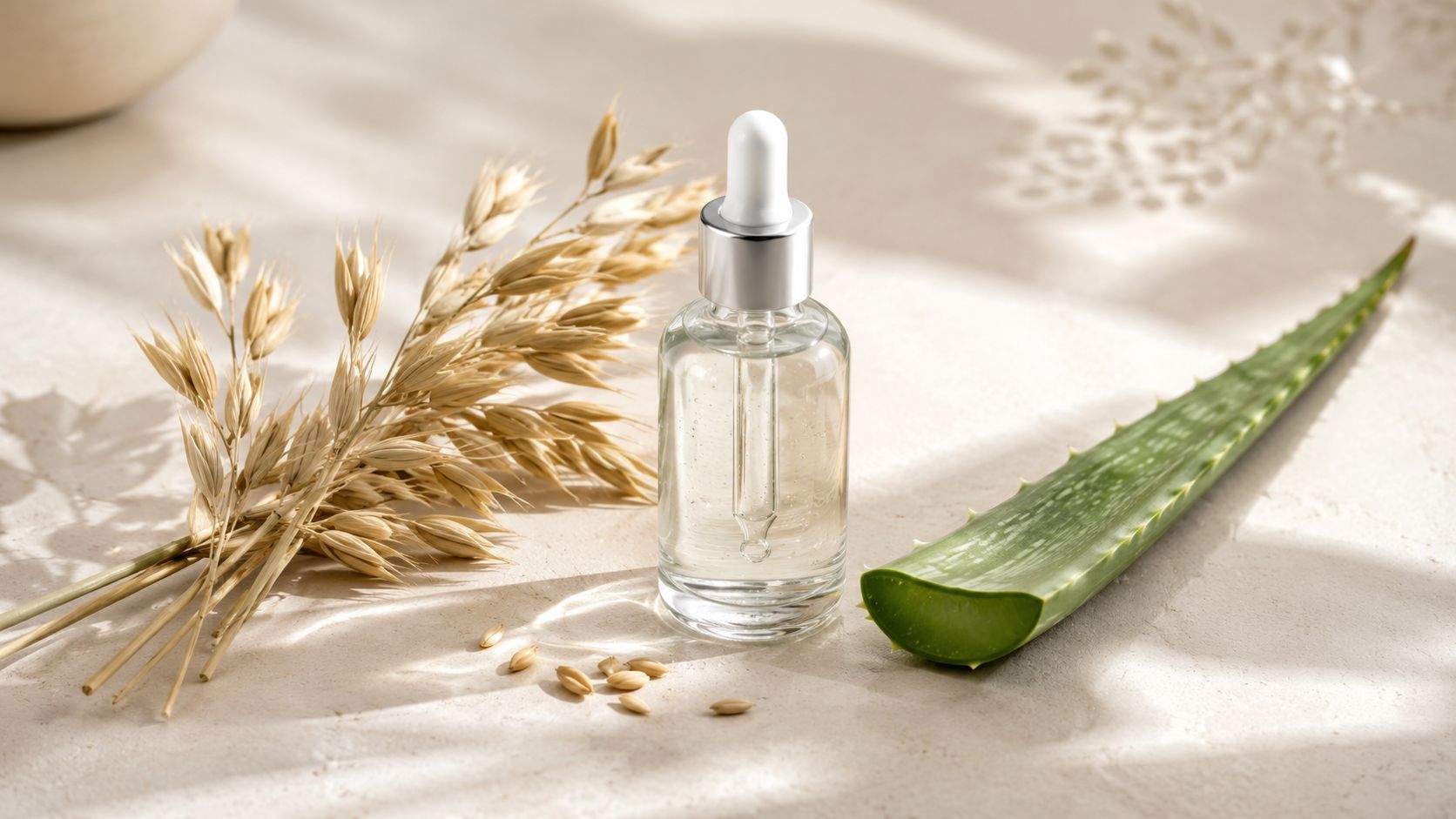 A glass dropper bottle filled with clear serum placed next to oats and an aloe vera leaf.