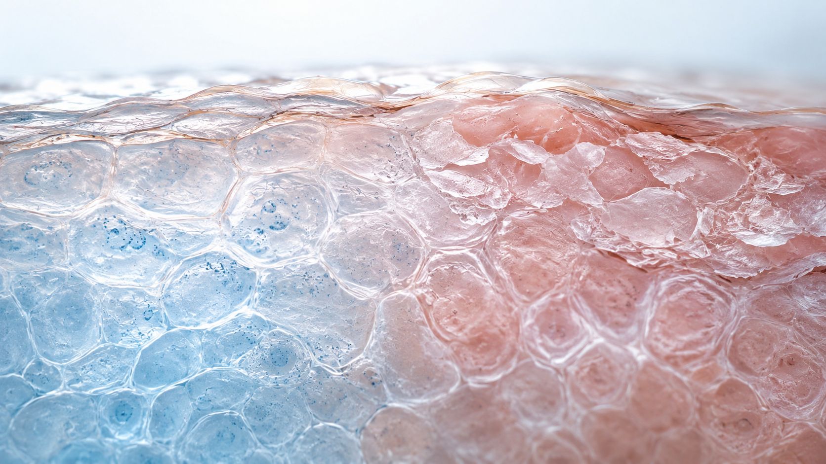 A microscopic view of human skin showing a transition from blue cellular structures to pink textured skin.