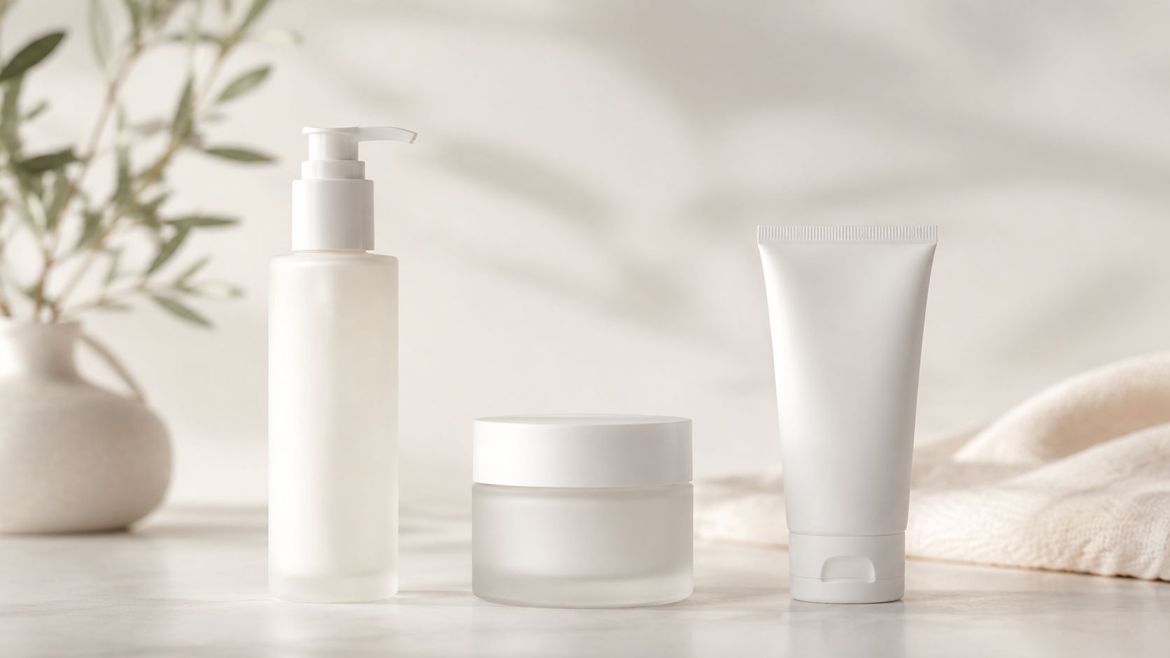 A set of white cosmetic bottles and a cream jar on a marble surface with plant shadows.