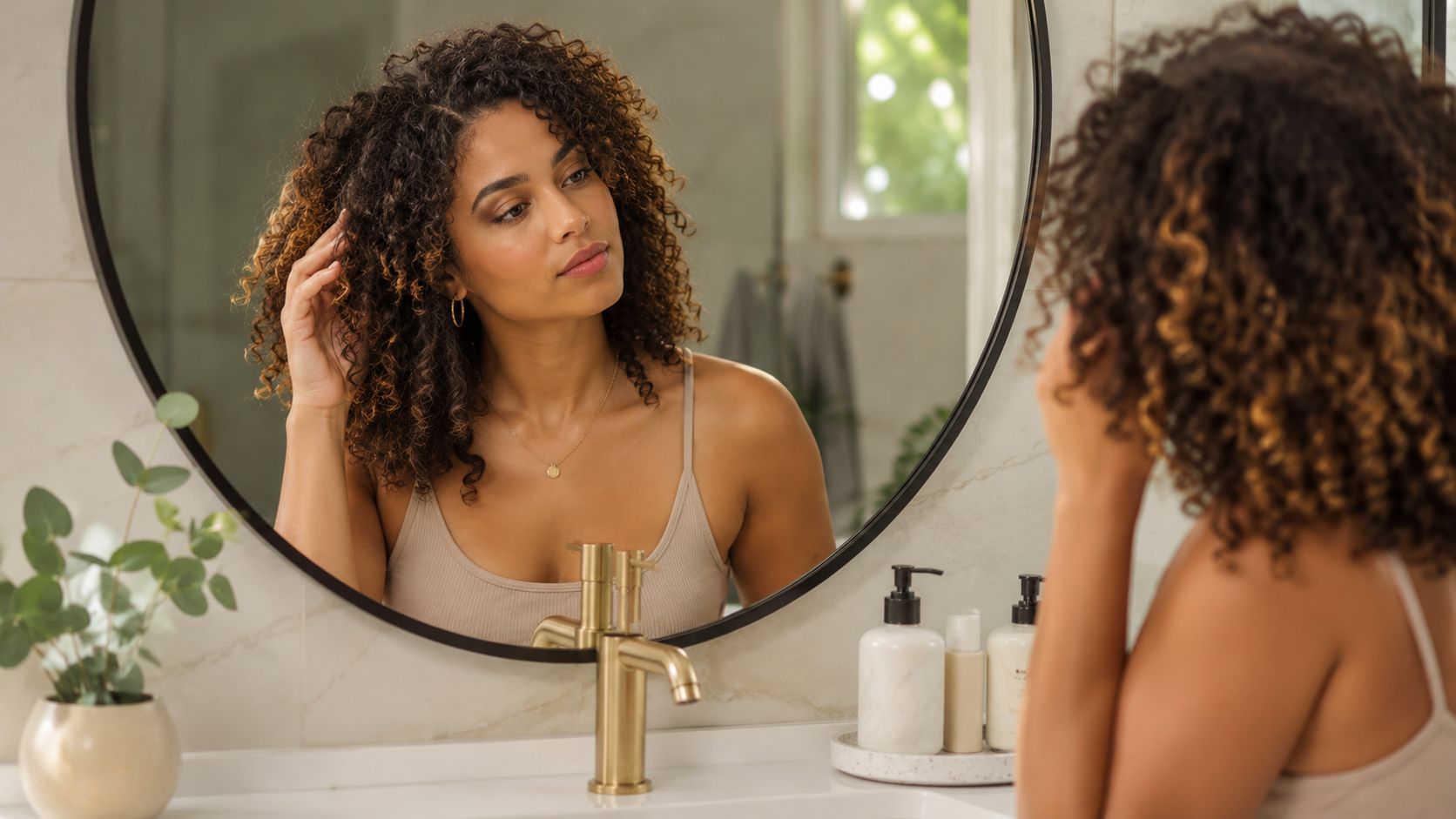 A woman with beautiful curly hair styling her hair while looking at herself in a bathroom mirror.