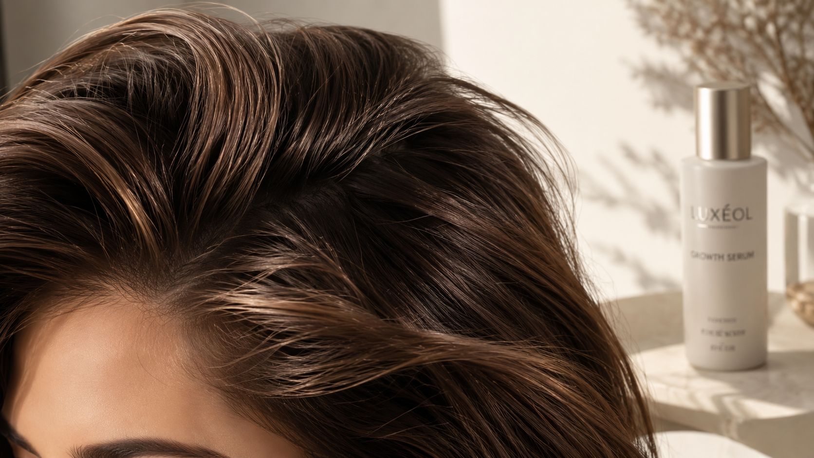 Close-up of healthy, voluminous dark hair with a Luxeol growth serum bottle in the background