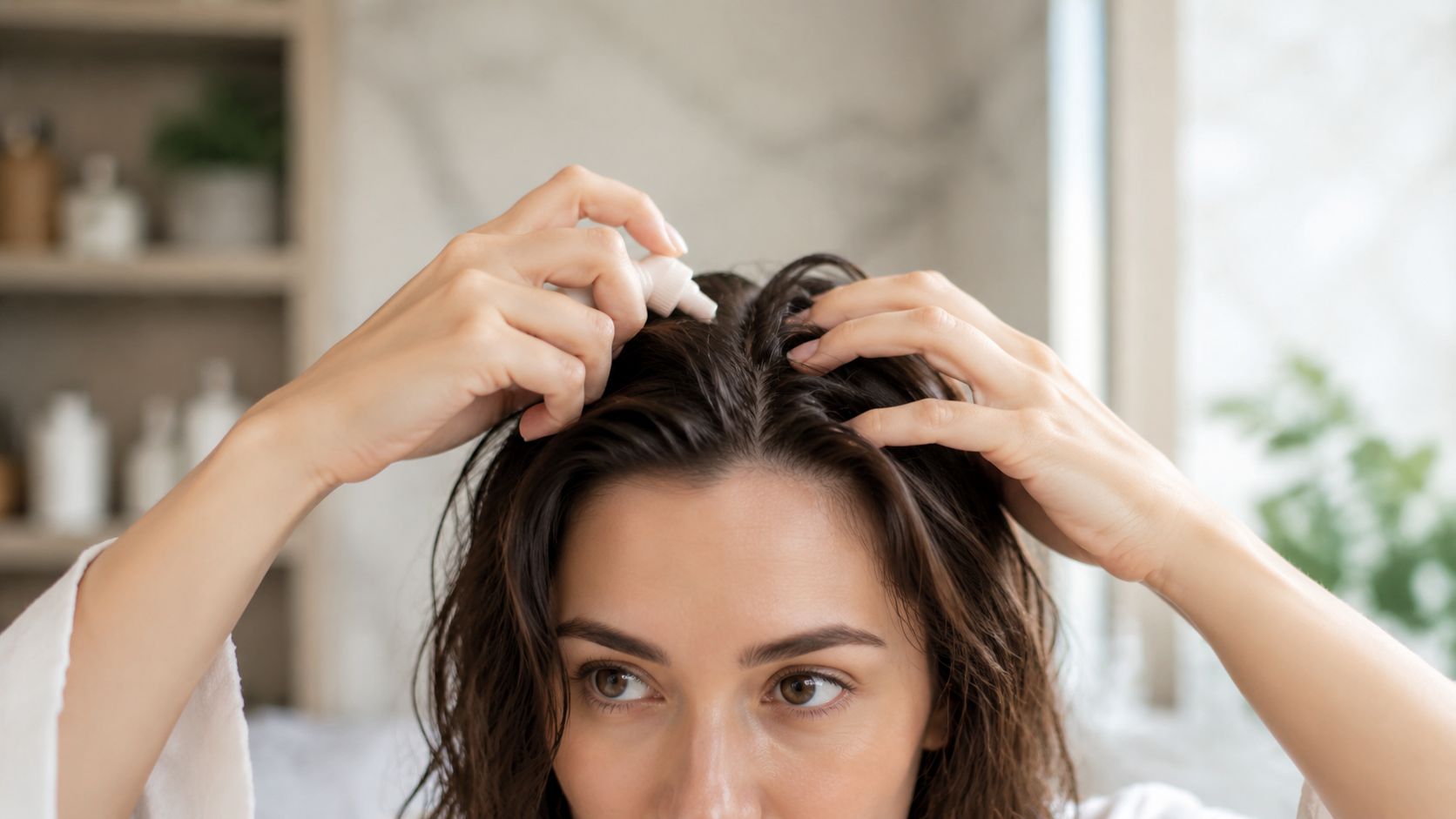 A young woman applying a hair treatment serum directly onto her scalp to improve hair volume.