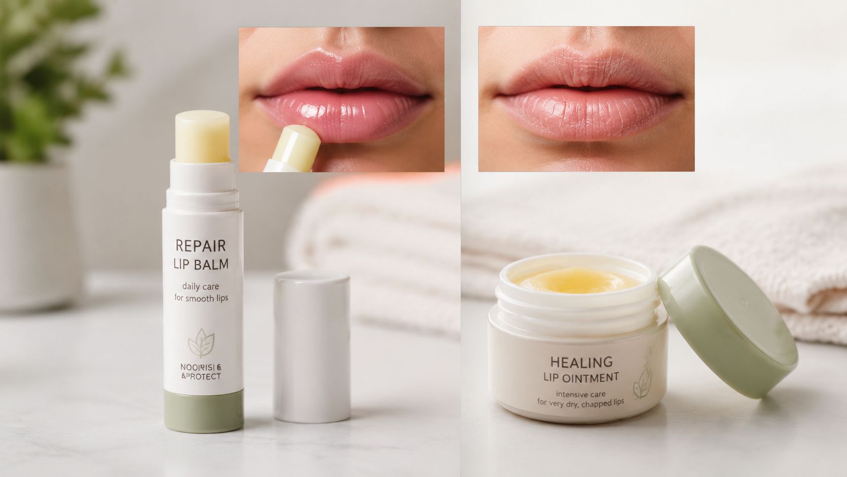 A product comparison showing Repair Lip Balm and Healing Lip Ointment for dry and chapped lips treatment.