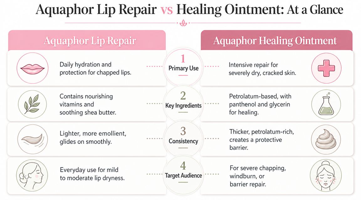 A comparison chart showing the differences between Aquaphor Lip Repair and Aquaphor Healing Ointment for skincare.