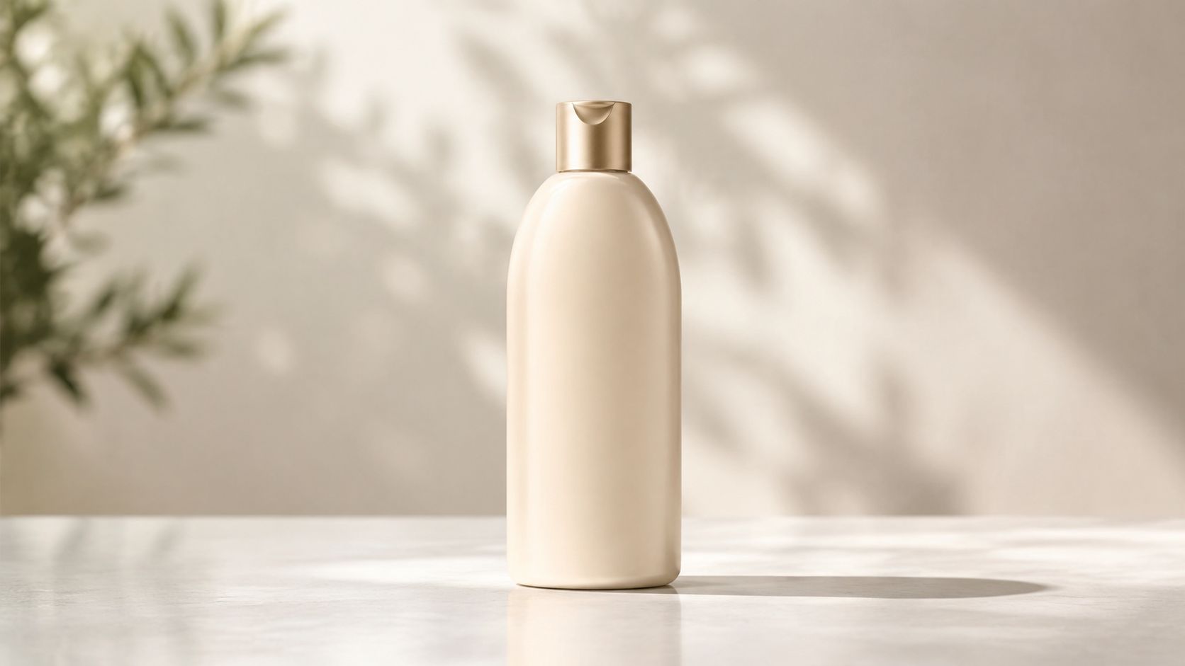 A minimalist beige cosmetic bottle with a gold cap sits on a white surface with leafy shadows.