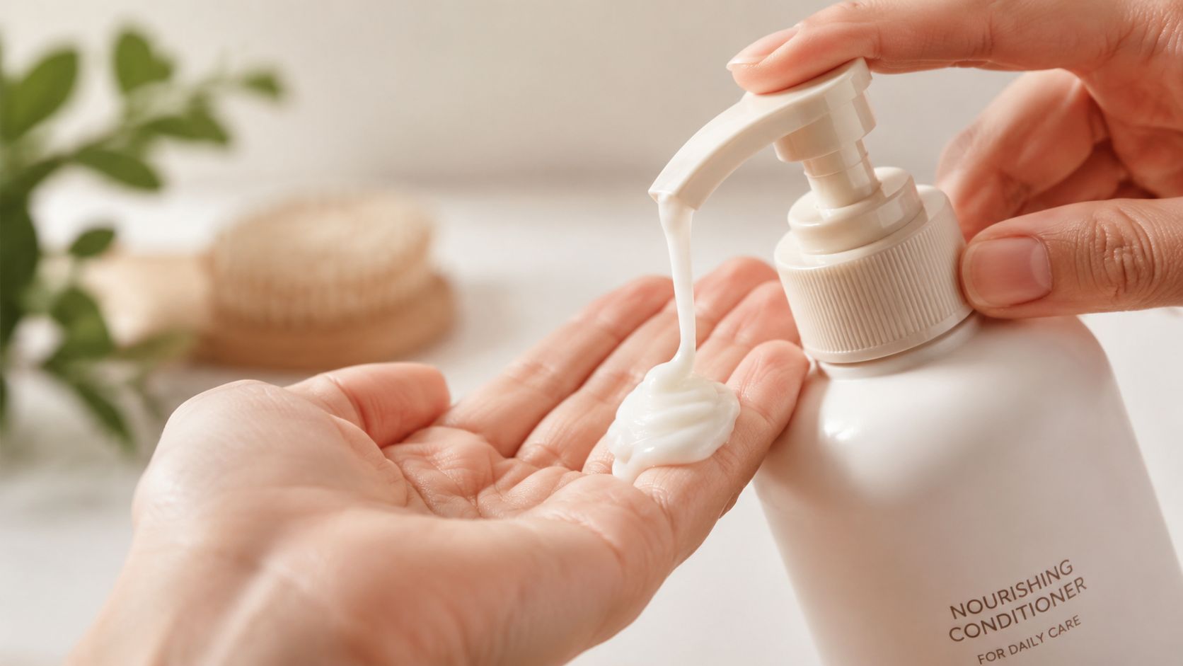 A person pressing a pump bottle to dispense creamy nourishing conditioner onto their open palm.