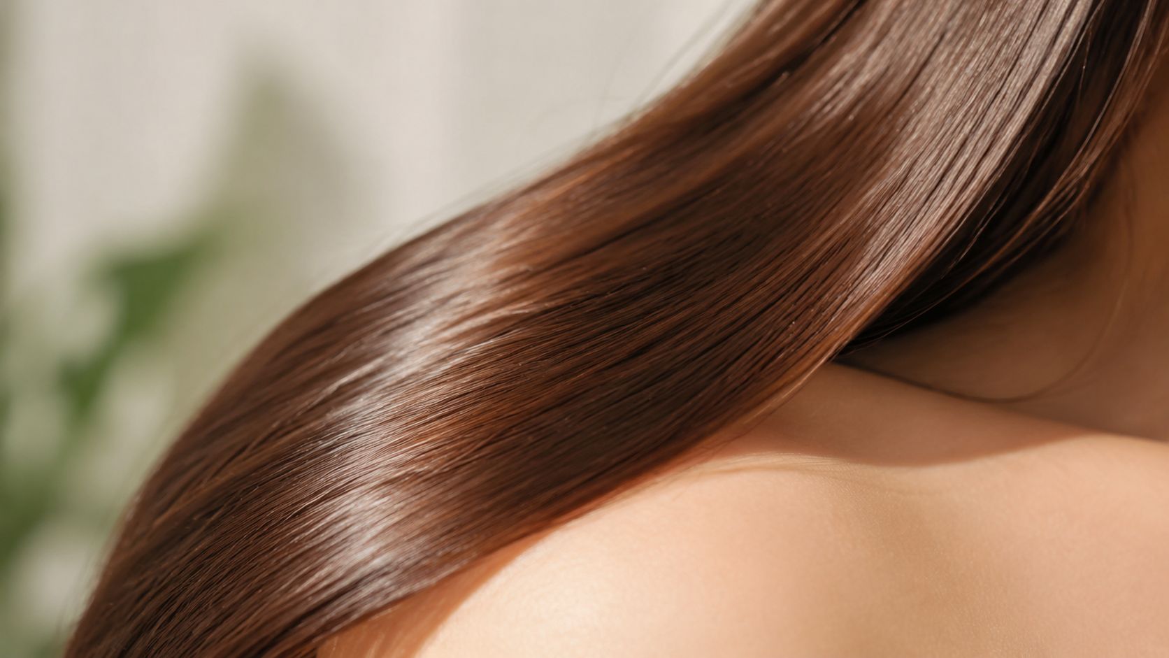 Close-up of a person with long, shiny, healthy brown hair resting on their bare shoulder.