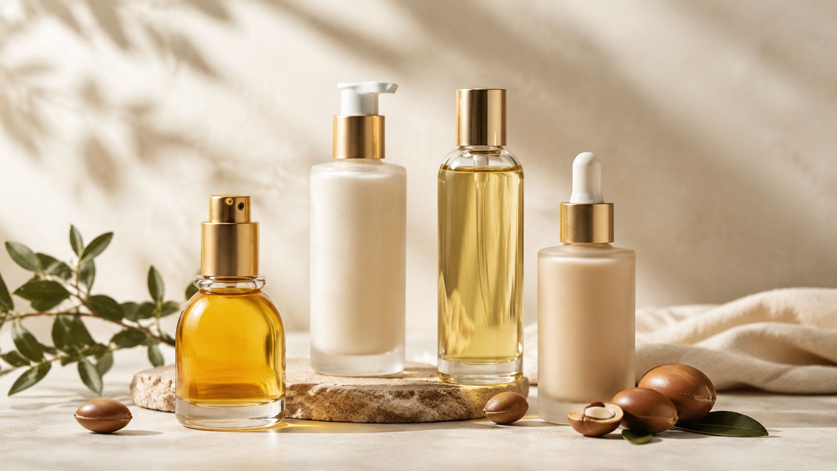 A collection of skincare products featuring glass bottles and argan nuts on a textured stone surface.