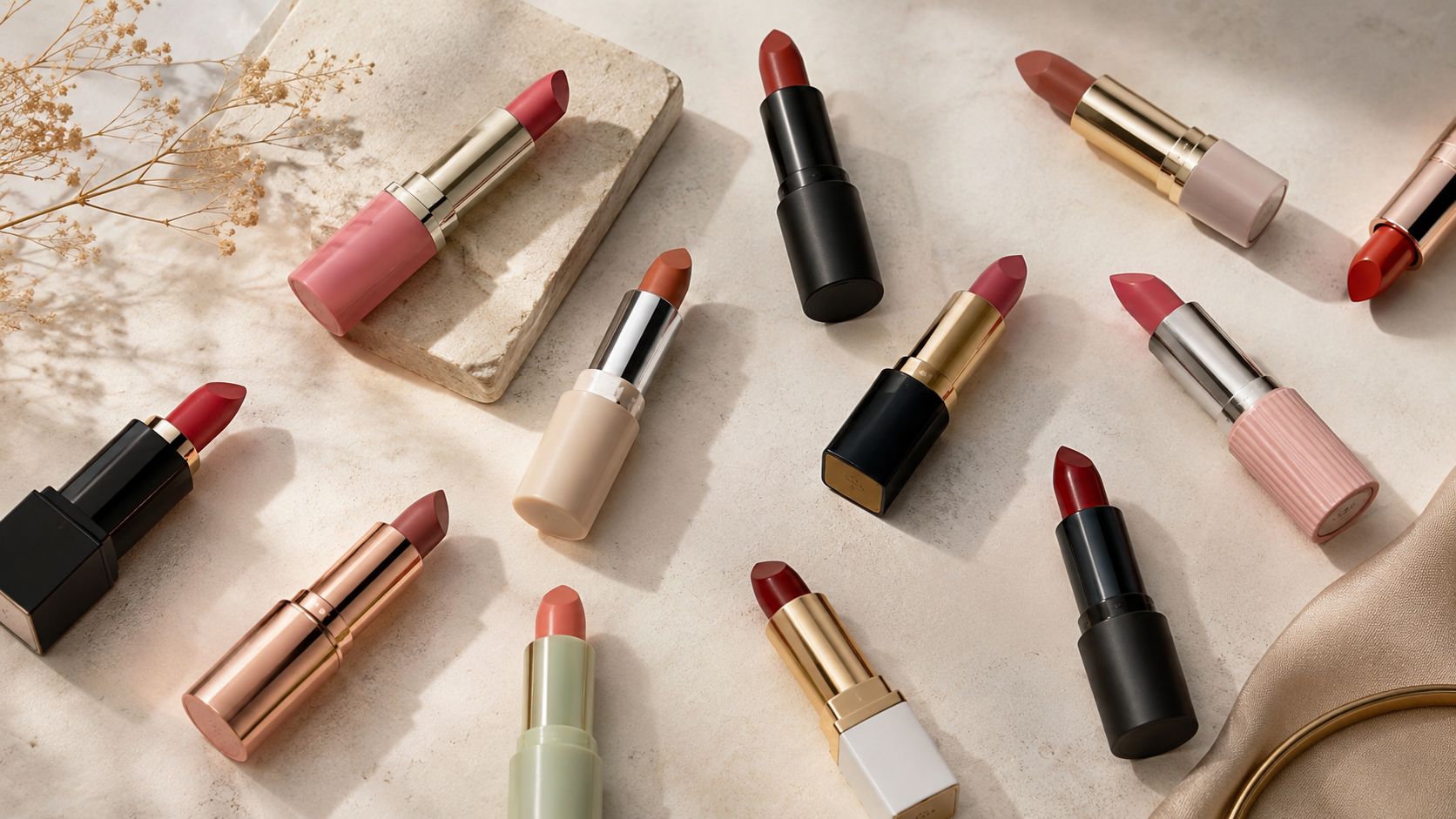 An array of various colorful lipsticks displayed on a light stone textured surface with dried flowers.