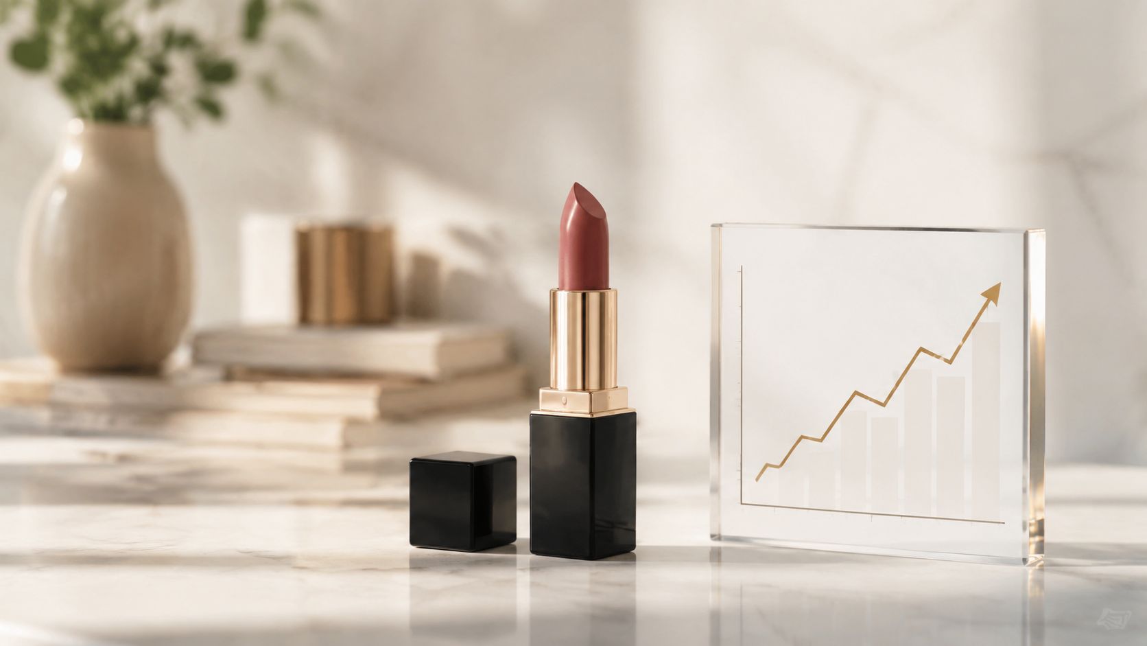 A sophisticated lipstick tube beside a glass chart showing rising sales growth on a marble tabletop.