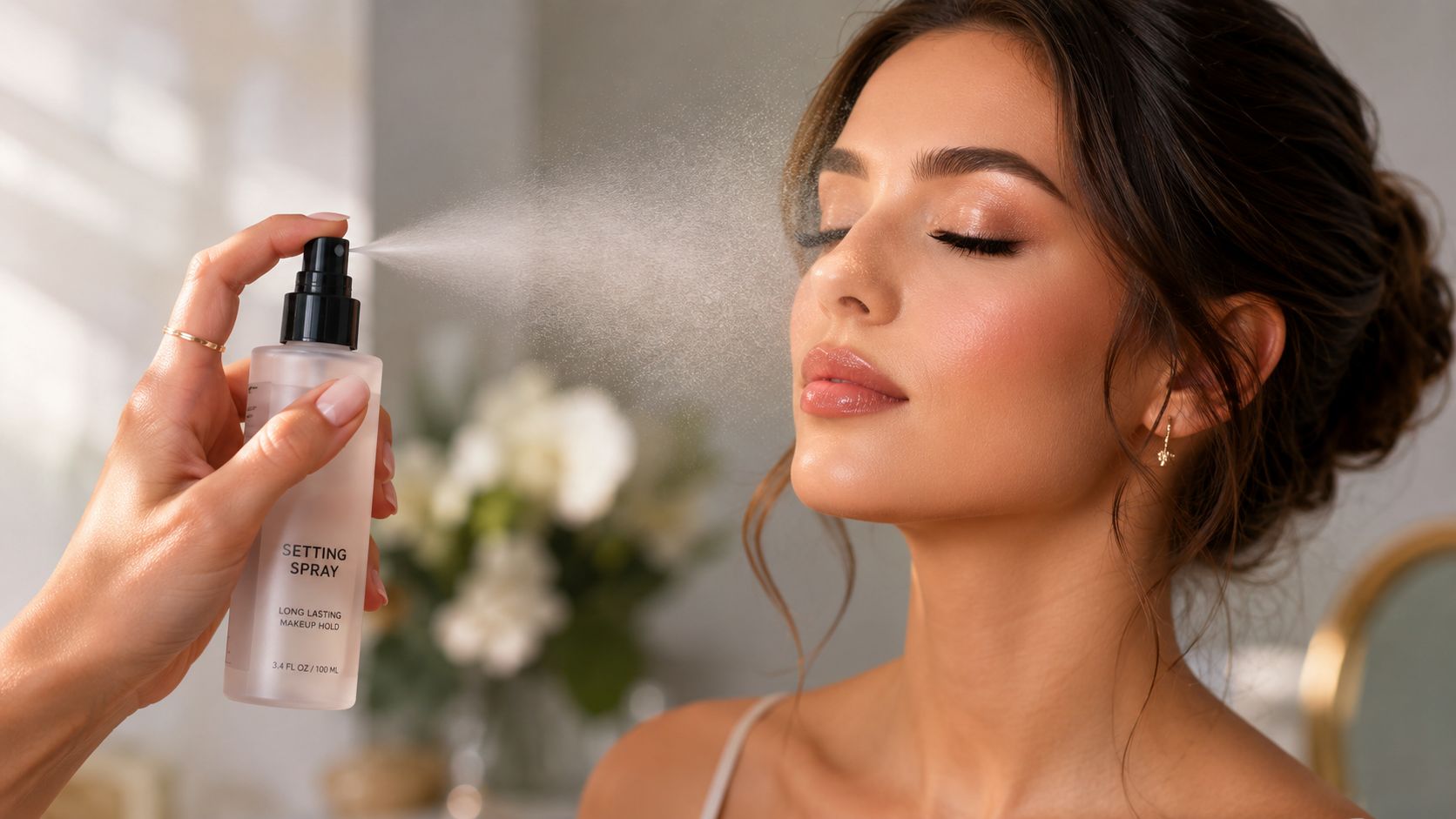 A woman with glowing makeup having a setting spray misted onto her face for a long-lasting hold.