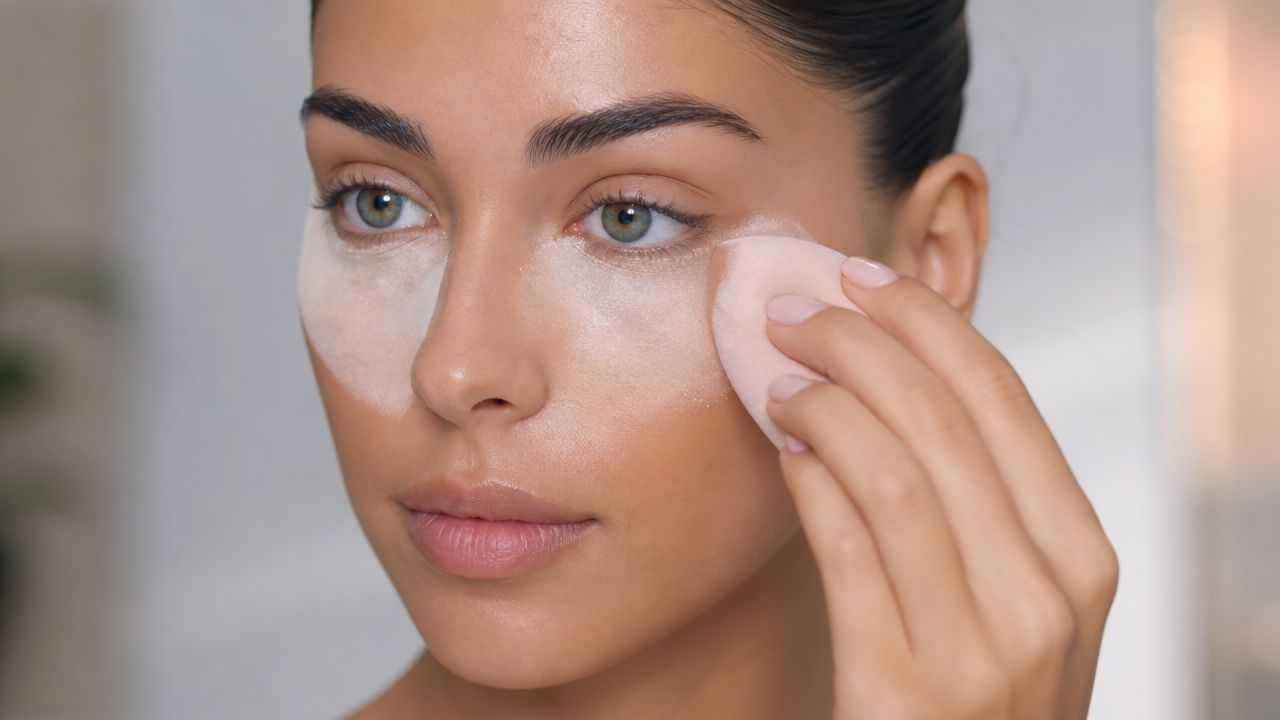 A close up of a woman applying loose powder under her eyes with a soft makeup sponge.