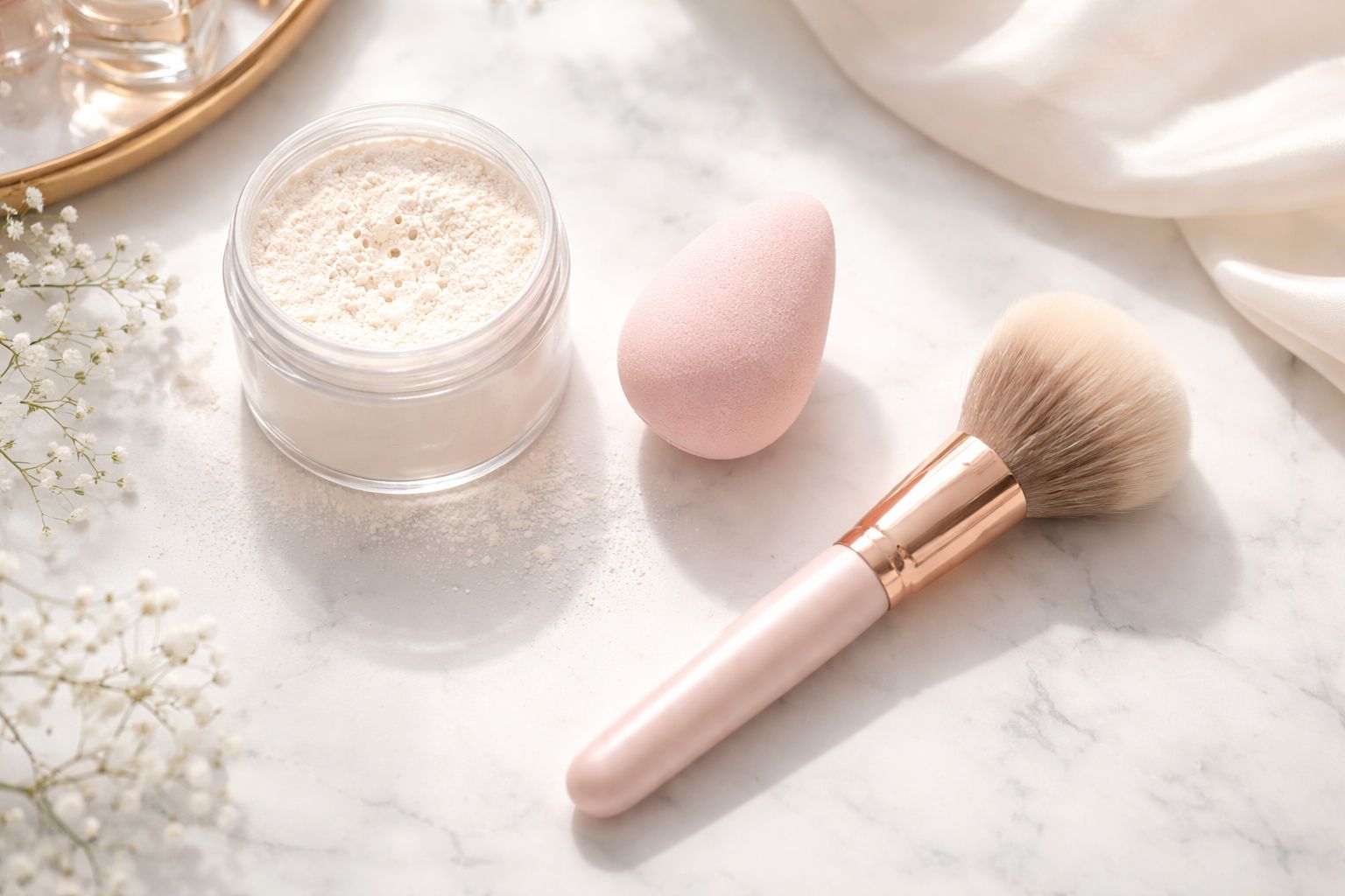 A container of loose setting powder, a makeup sponge, and a powder brush on a marble surface.