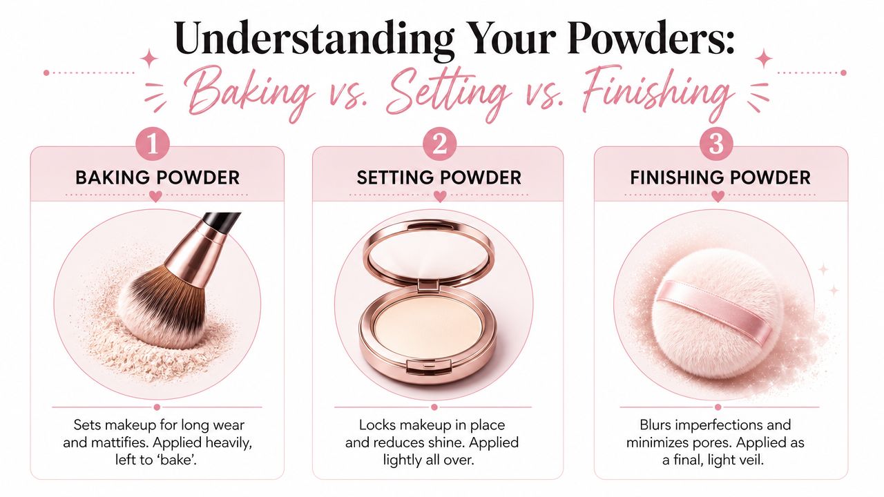 An infographic comparing the uses of baking powder, setting powder, and finishing powder for makeup application.