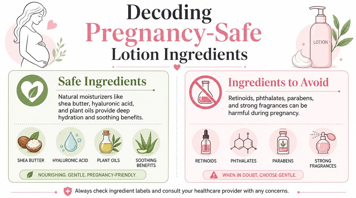 An infographic guiding pregnant women on choosing safe lotion ingredients versus those that should be avoided.
