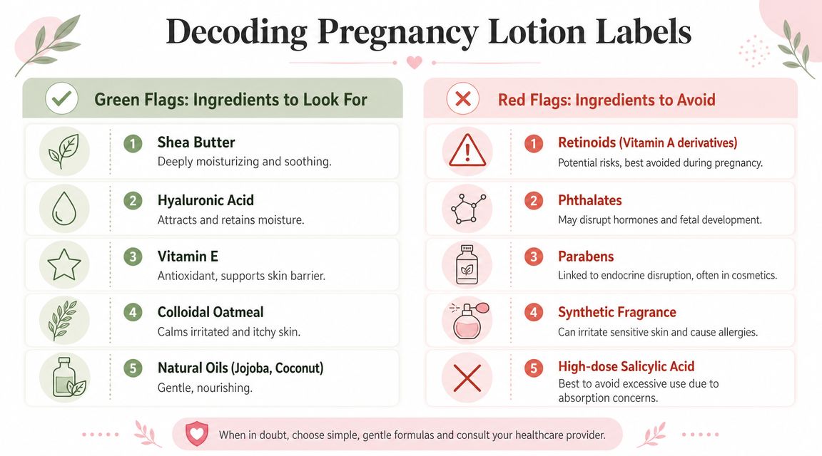 A helpful infographic comparing safe and harmful ingredients for body lotions during pregnancy.