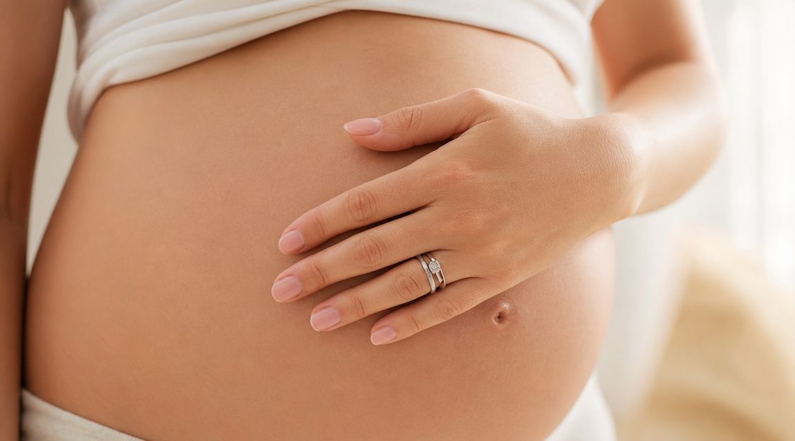 A close-up of a pregnant woman's hands gently cradling her bare baby bump while wearing a ring.