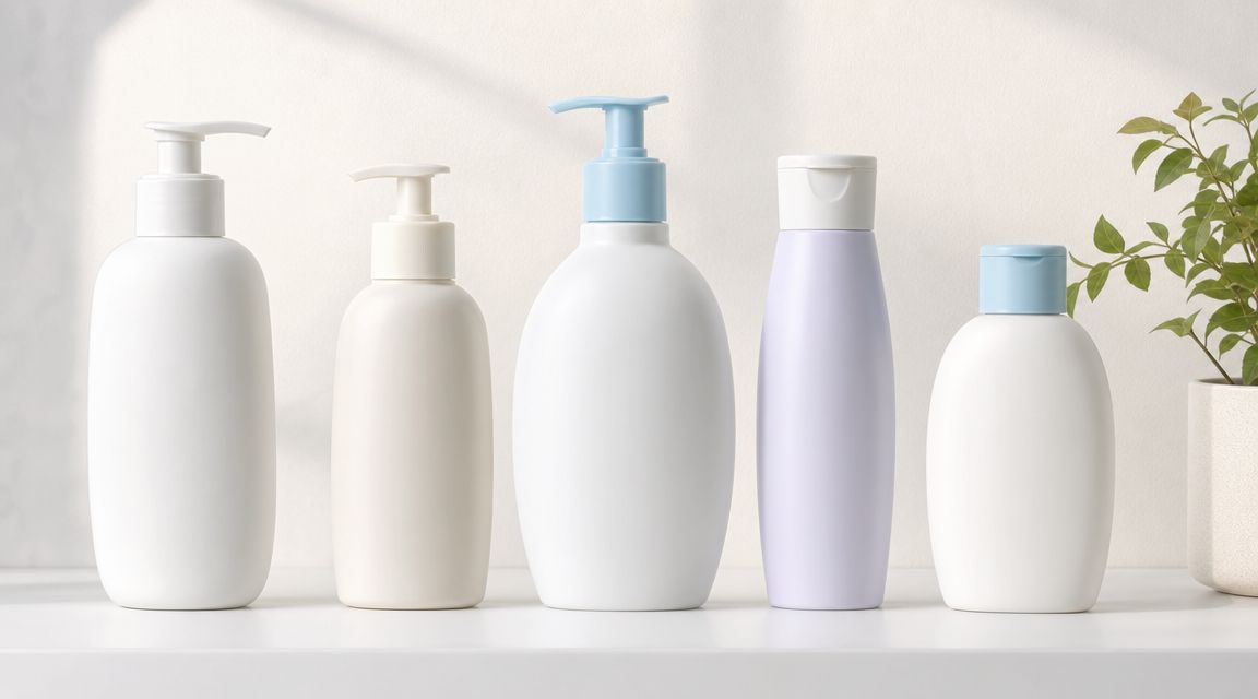 A row of five various cosmetic lotion and skincare bottles arranged neatly on a white shelf.