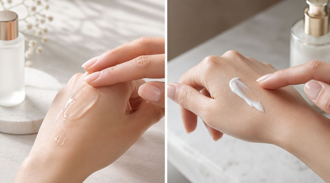 A close-up comparison of a clear gel serum and a white creamy lotion applied on female hands.