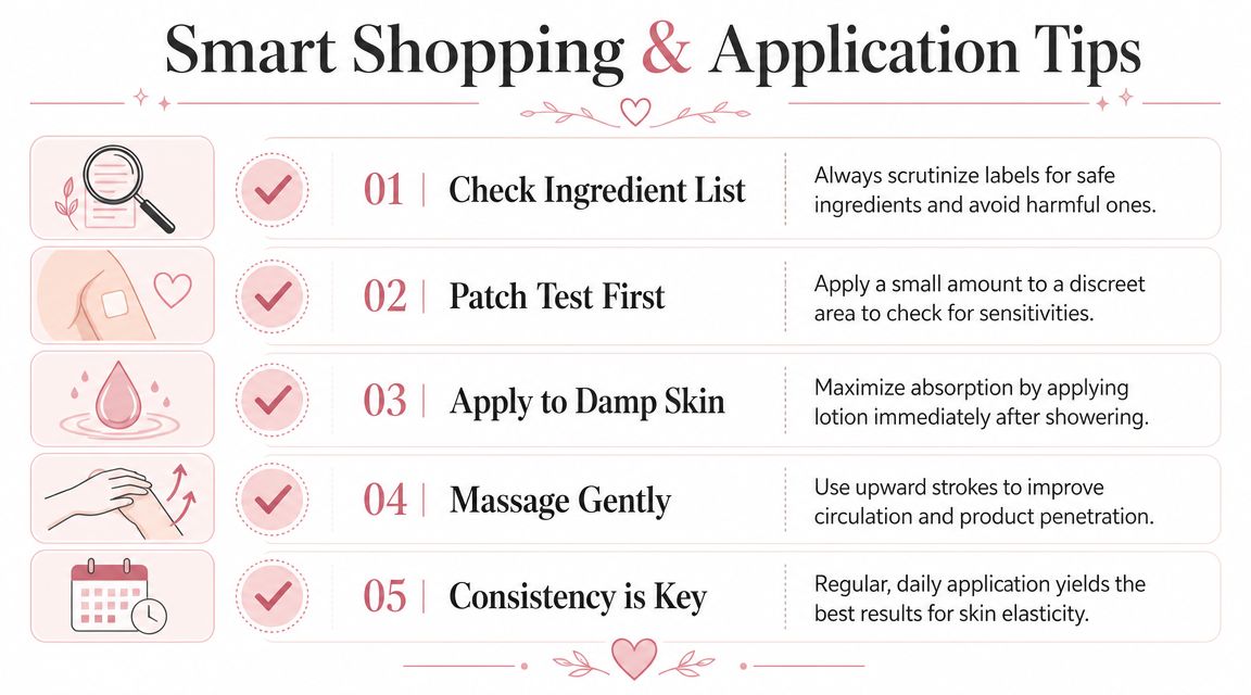 An infographic titled Smart Shopping and Application Tips offering five guidelines for using body lotions safely.