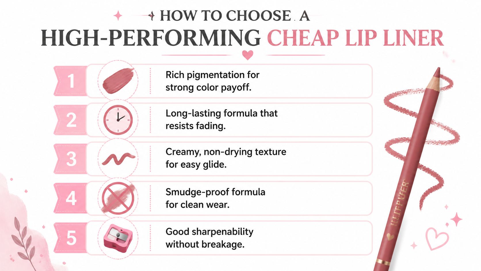 An infographic showing five key tips for choosing a high-performing, affordable lip liner for beauty enthusiasts.