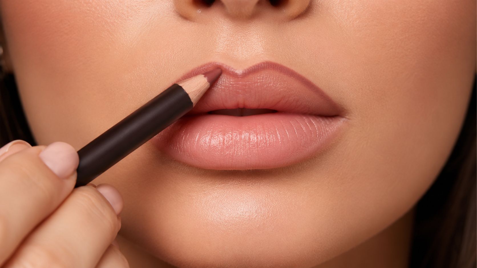 A close up view of a hand applying soft brown lip liner to the cupid's bow area.