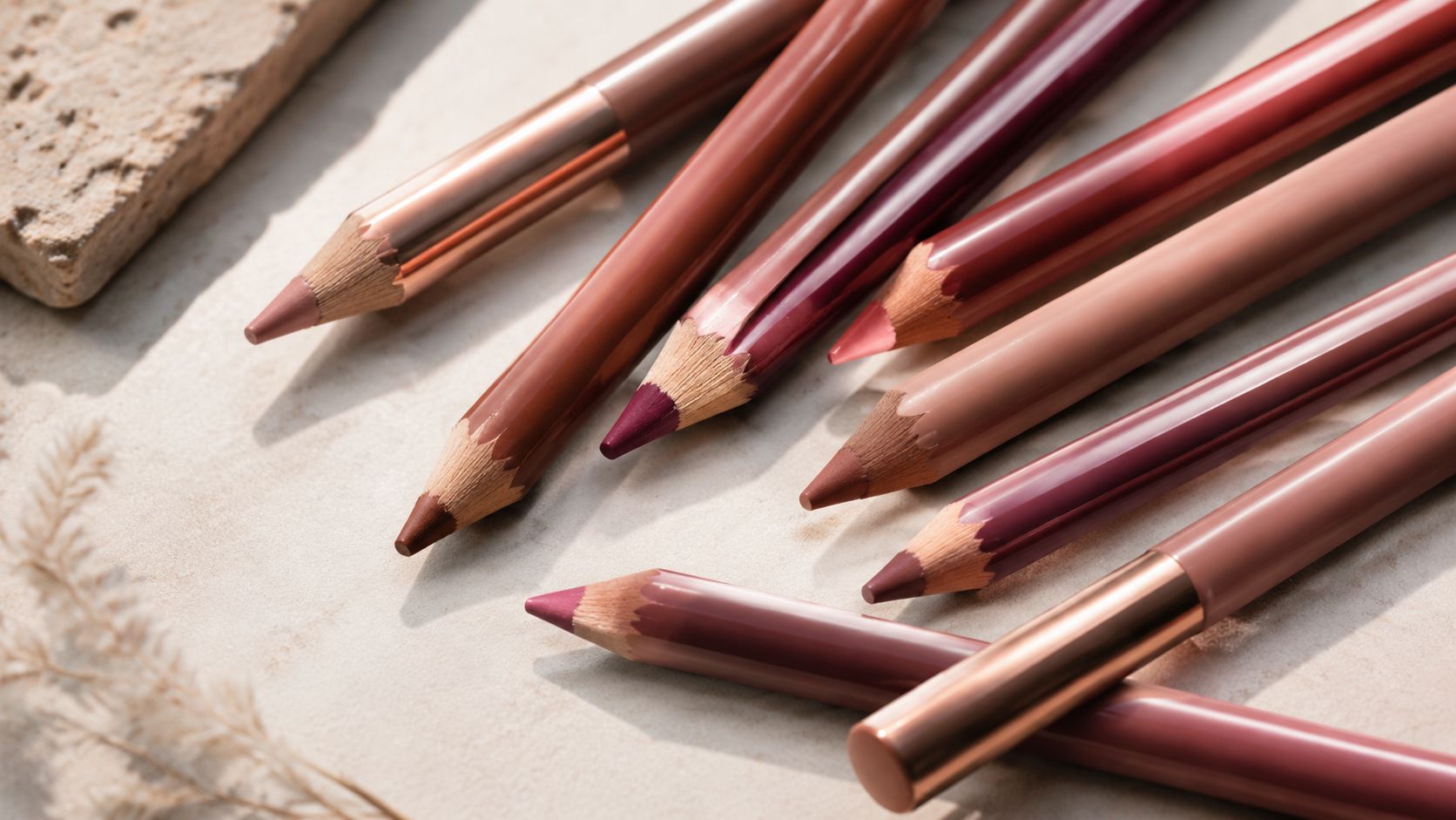 A collection of assorted nude and berry-toned lip liner pencils arranged neatly on a textured surface.