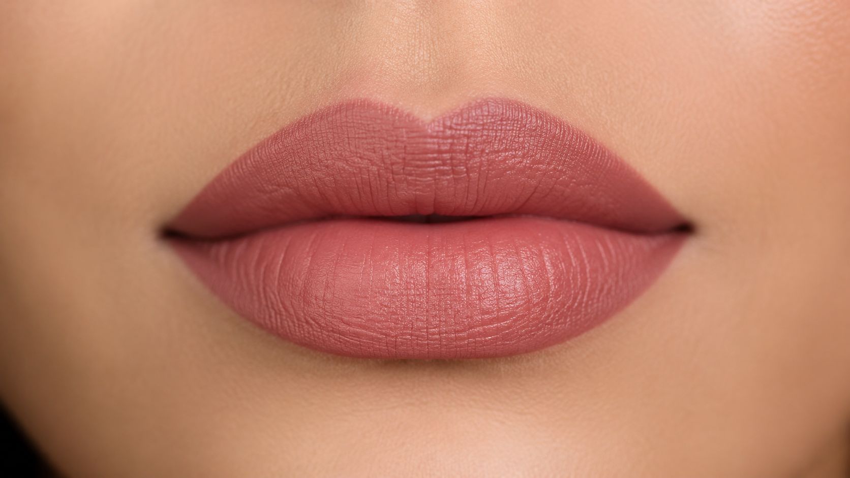 A close-up shot of woman's lips wearing a matte nude-pink lipstick with smooth, defined edges.