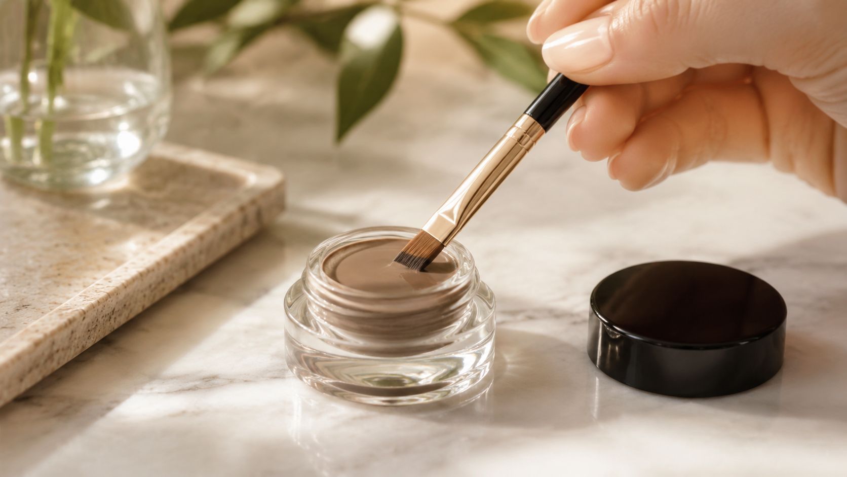A hand holding a makeup brush applying light brown brow pomade from a small glass jar.