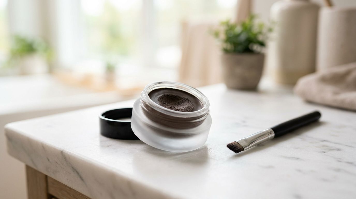 A pot of dark brown brow pomade with a makeup brush on a white marble surface.