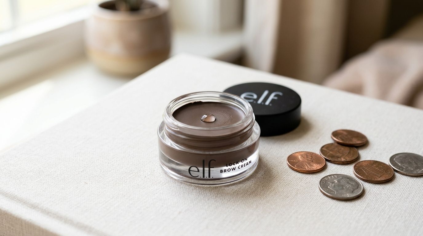 Open jar of e.l.f. Lock On Brow Cream sitting on a table next to several US coins.