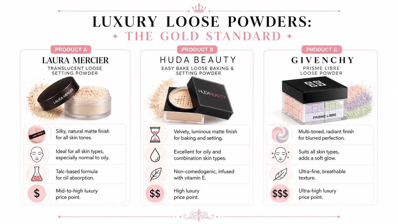 A comparison chart of three luxury loose setting powders from Laura Mercier, Huda Beauty, and Givenchy.